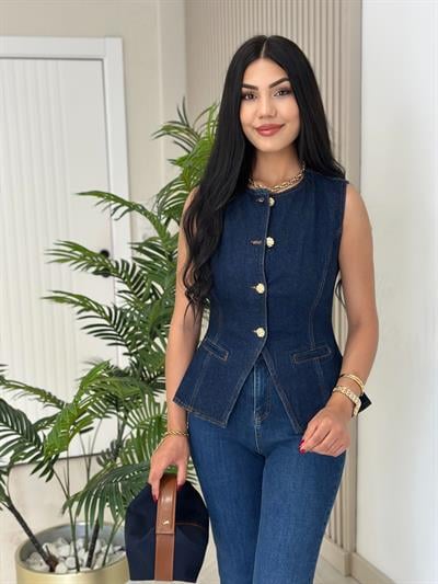 Belden Oturan Gold Düğmeli Kot Yelek Lacivert 