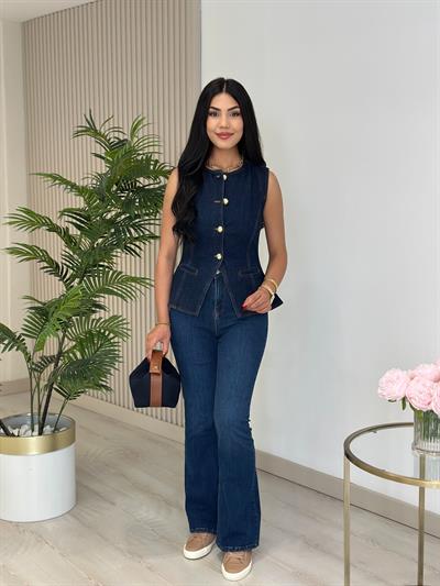 Belden Oturan Gold Düğmeli Kot Yelek Lacivert 