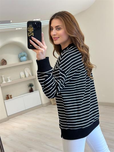 Beyaz Çizgili İki İplik Sweatshirt
