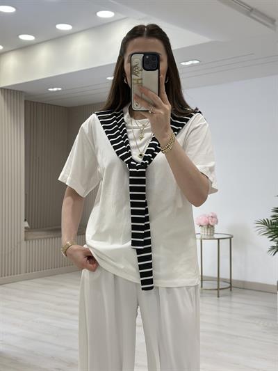 Beyaz Triko Bağlama Detaylı Tshirt Beyaz Çizgili