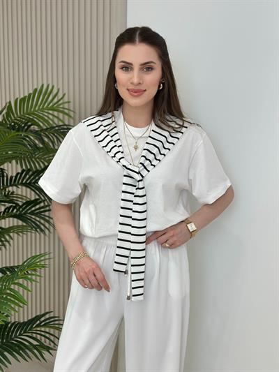 Beyaz Triko Bağlama Detaylı Tshirt Siyah Çizgili