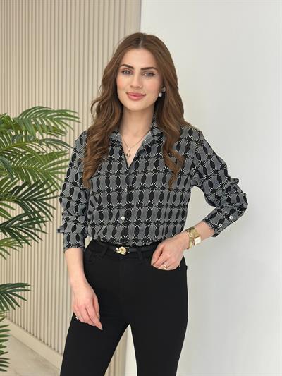 Bloss Siyah Beyaz Desenli Krep Gömlek