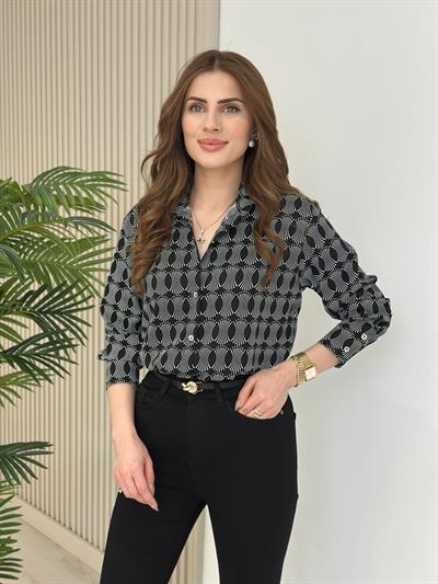 Bloss Siyah Beyaz Desenli Krep Gömlek