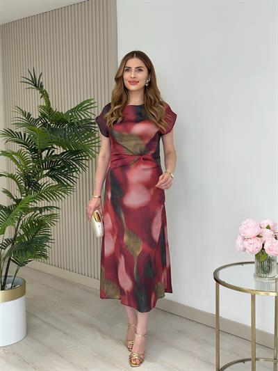 Bordo Desenli Yarasa Kol Düşük Omuz Elbise 
