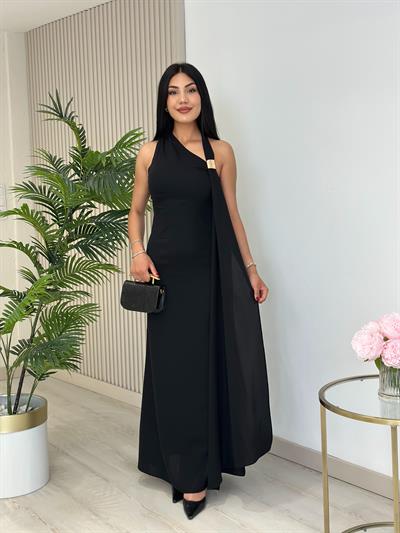 Boyun Aksesuarlı Siyah Likralı Balık Elbise