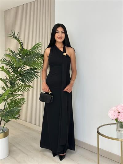 Boyun Aksesuarlı Siyah Likralı Balık Elbise