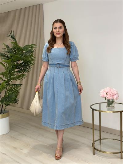 Buz Mavi Beli Korse Görünümlü Elbise