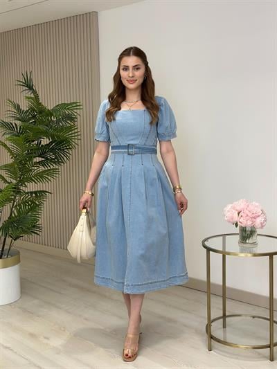 Buz Mavi Beli Korse Görünümlü Elbise