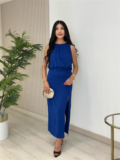Büzgü Detaylı Midi Elbise Saks Mavi