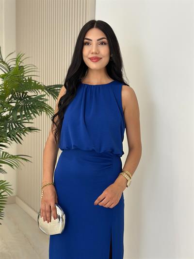 Büzgü Detaylı Midi Elbise Saks Mavi