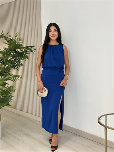 Büzgü Detaylı Midi Elbise Saks Mavi