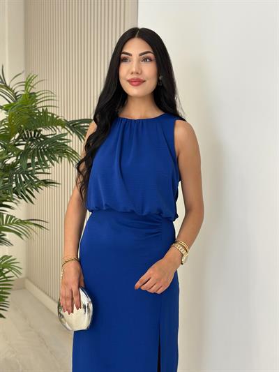 Büzgü Detaylı Midi Elbise Saks Mavi