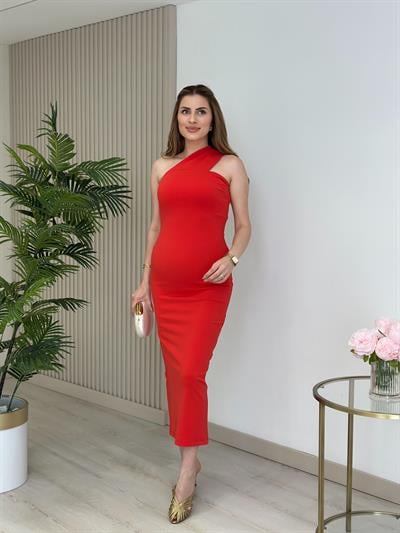 Çapraz Yaka Likralı Midi Boy Elbise Nar Çiçeği