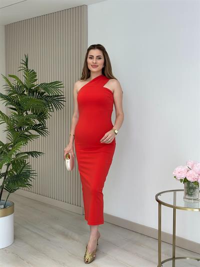 Çapraz Yaka Likralı Midi Boy Elbise Nar Çiçeği