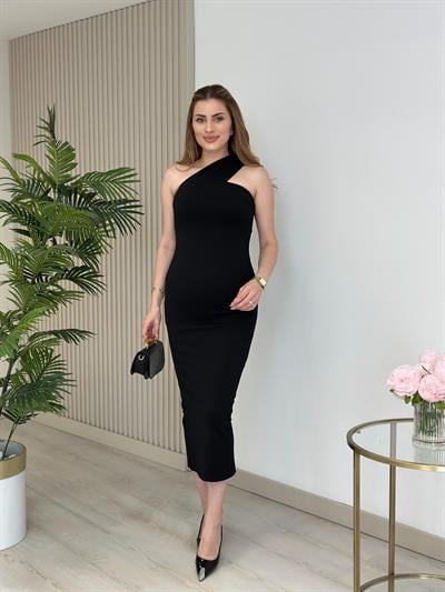 Çapraz Yaka Likralı Midi Boy Elbise Siyah