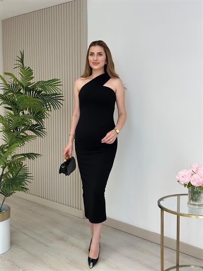 Çapraz Yaka Likralı Midi Boy Elbise Siyah