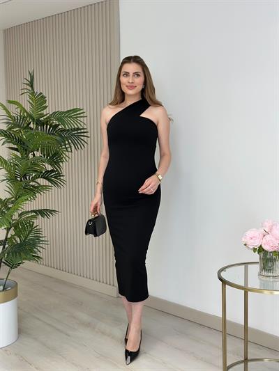 Çapraz Yaka Likralı Midi Boy Elbise Siyah