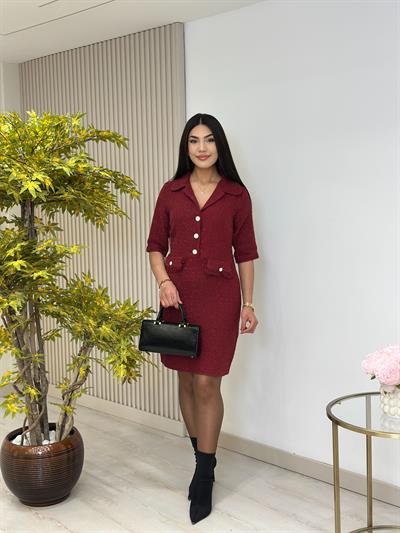 Ceket Yaka Cep Aksesuarlı Tüvit Elbise Bordo