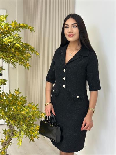 Ceket Yaka Cep Aksesuarlı Tüvit Elbise Siyah
