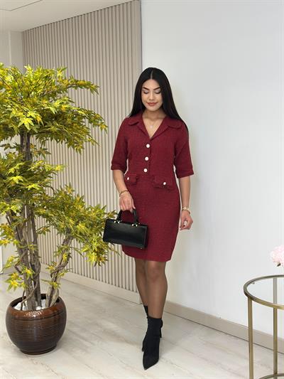 Ceket Yaka Cep Aksesuarlı Tüvit Elbise Bordo