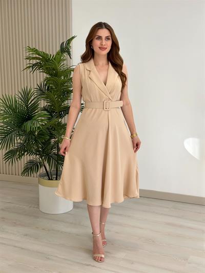 Ceket Yaka Kemerli Atlas Kumaş Elbise Bej