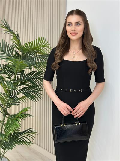 Çelik İnterlok Kumaş Kare Yaka Kalem Elbise Siyah