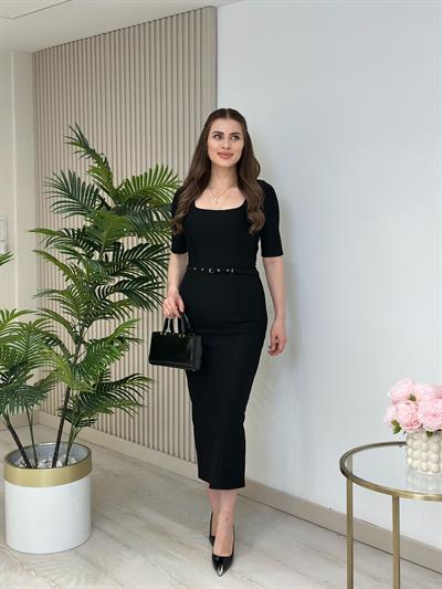 Çelik İnterlok Kumaş Kare Yaka Kalem Elbise Siyah