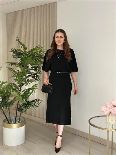 Çelik Örme Kemerli Yarasa Kol Triko Elbise Siyah