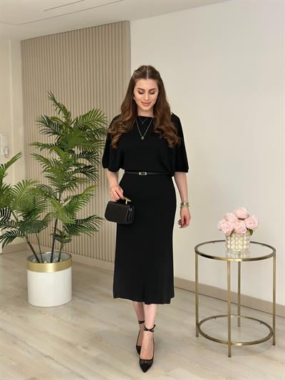 Çelik Örme Kemerli Yarasa Kol Triko Elbise Siyah