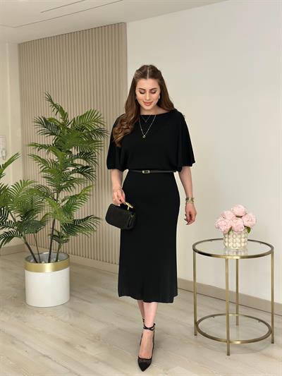 Çelik Örme Kemerli Yarasa Kol Triko Elbise Siyah