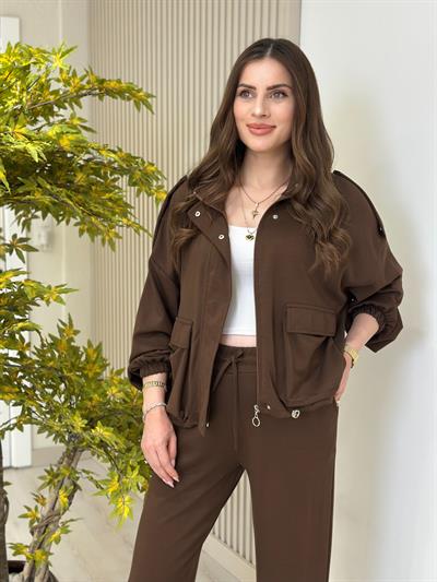 Cepli Ceketli Modal Kumaş Eşofman Takımı Kahve