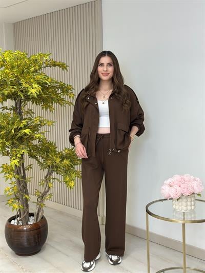 Cepli Ceketli Modal Kumaş Eşofman Takımı Kahve