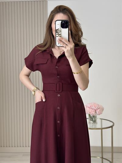 Cepli Kemer Detaylı Gömlek Elbise Bordo