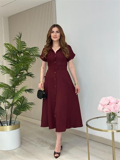 Cepli Kemer Detaylı Gömlek Elbise Bordo
