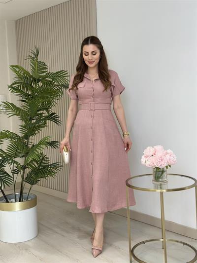 Cepli Kemer Detaylı Gömlek Elbise Gül Kurusu