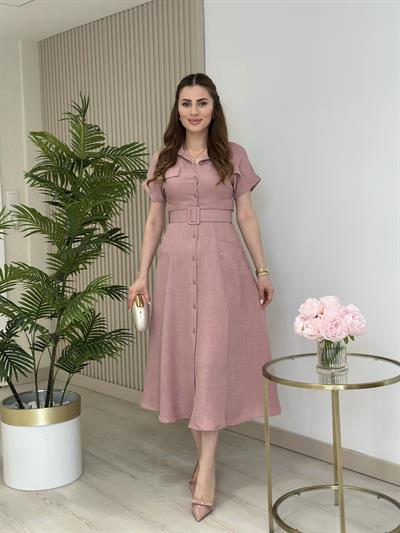 Cepli Kemer Detaylı Gömlek Elbise Gül Kurusu