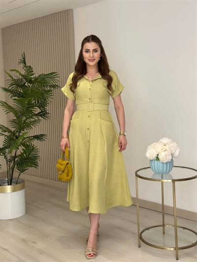 Cepli Kemer Detaylı Gömlek Elbise Yağ Yeşili