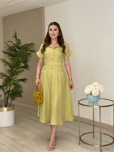 Cepli Kemer Detaylı Gömlek Elbise Yağ Yeşili