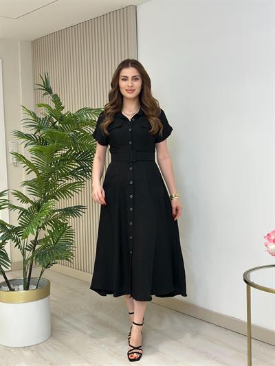 Cepli Kemer Detaylı Gömlek Elbise Siyah