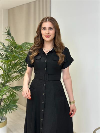 Cepli Kemer Detaylı Gömlek Elbise Siyah