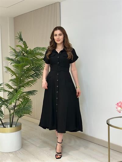 Cepli Kemer Detaylı Gömlek Elbise Siyah