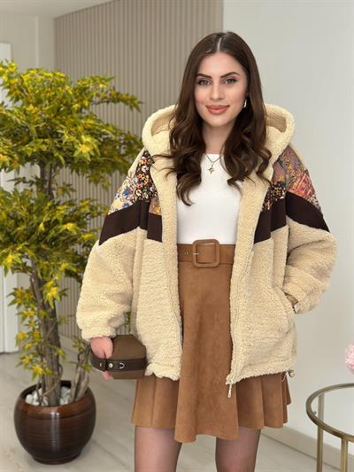 Çiçek Desenli Tasarım Teddy Biker Mont 