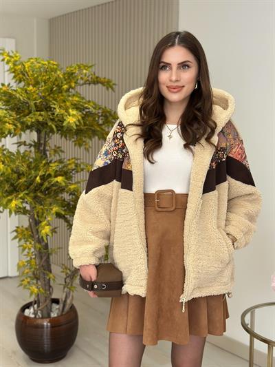 Çiçek Desenli Tasarım Teddy Biker Mont 