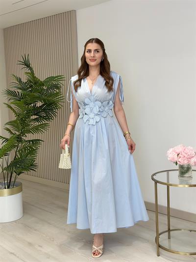 Çiçek Kabartmalı Sırtı Gipeli Elbise Mavi