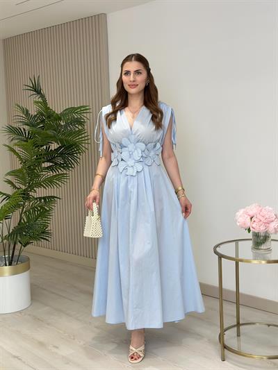 Çiçek Kabartmalı Sırtı Gipeli Elbise Mavi