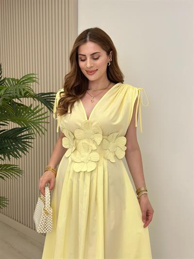 Çiçek Kabartmalı Sırtı Gipeli Elbise Sarı