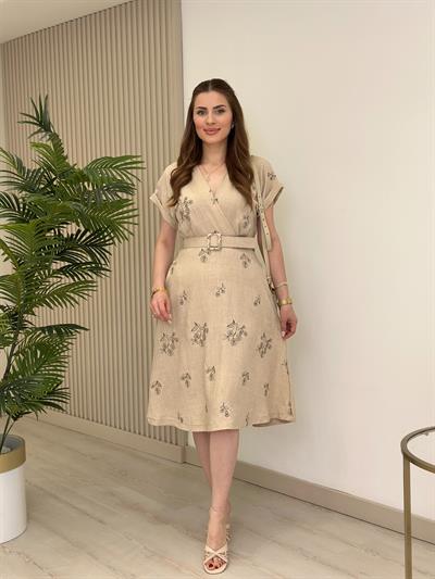 Çiçek Nakışlı Kemerli Elbise Bej