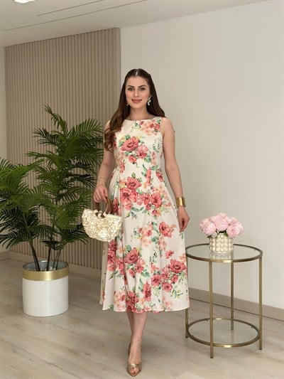 Çiçekli Beli Drape Detaylı Elbise 