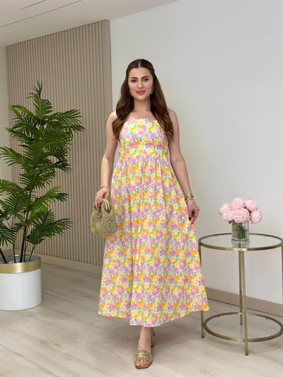 Çiçekli Sırtı Bağlama Detaylı Keten Elbise