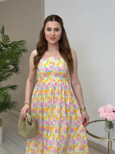 Çiçekli Sırtı Bağlama Detaylı Keten Elbise